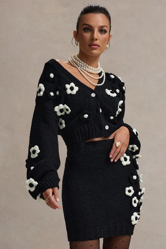 Louvre | Black & White Knit Cropped Floral Cardigan