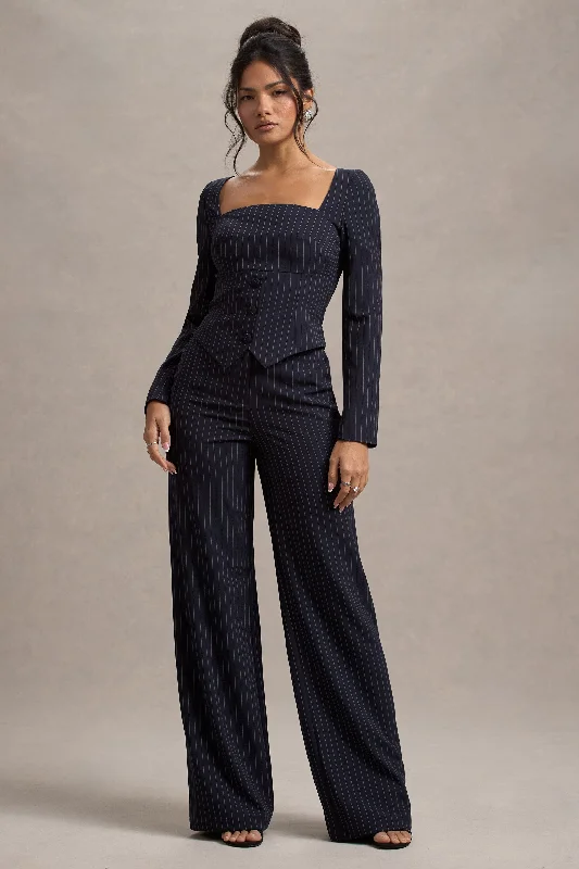 New York | Navy Pinstripe Tailored Wide-Leg Trousers