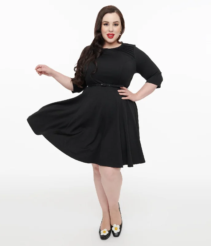 Unique Vintage Plus Size 1960s Black Knit Stephanie Fit & Flare Dress