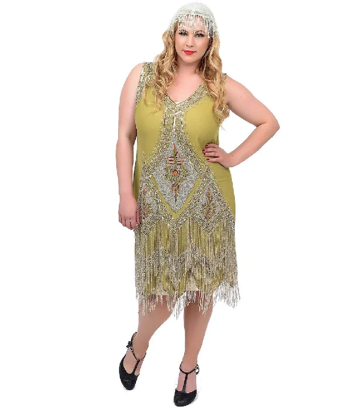 Special Order - Unique Vintage Plus Size 1920s Green & Silver Embroidered & Hand Beaded Somerset Flapper Dress